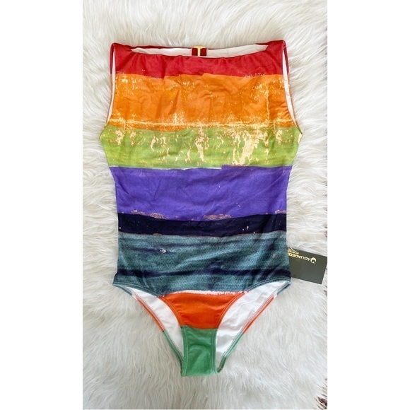 NEW Agua De Coco rainbow striped one piece swim suit bathing suit bright color - Picture 1 of 11